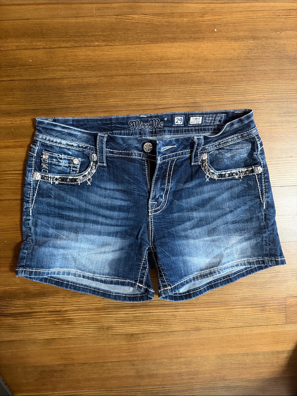 Miss Me Blue Washed Denim Jean Shorts with Embellished Pockets